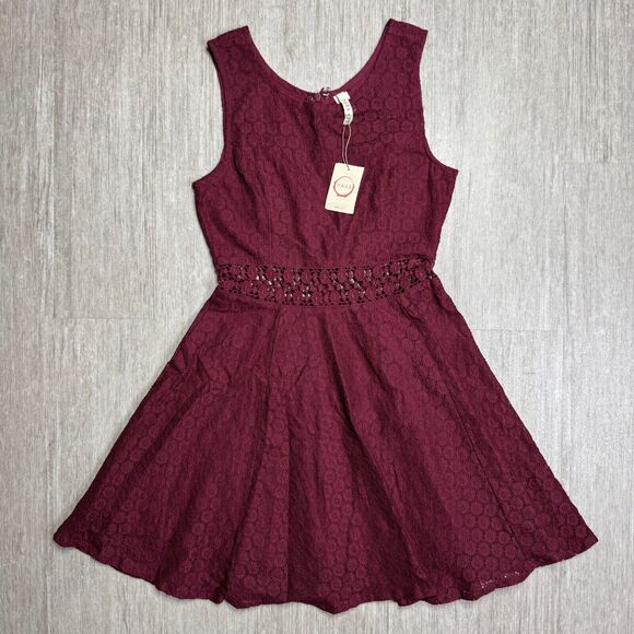 Raga ANTHROPOLOGIE Mini Dress Crochet Knit S Wine Red NEW Cottagecore Fit Flare - Picture 1 of 9